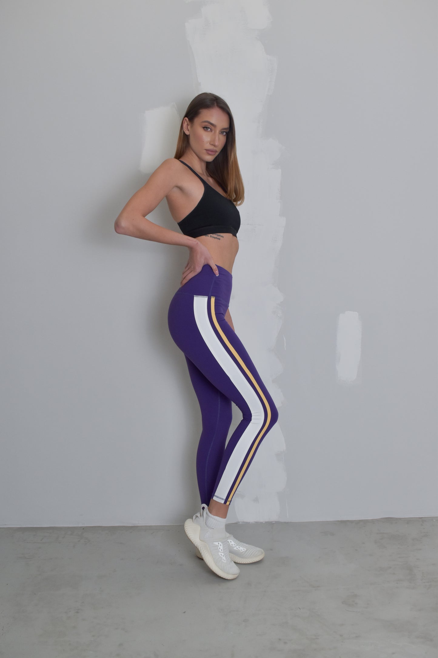 Women's Side Stripe Full Length Yoga Pant Leggings (Purple with White / Purple / Gold Stripes)