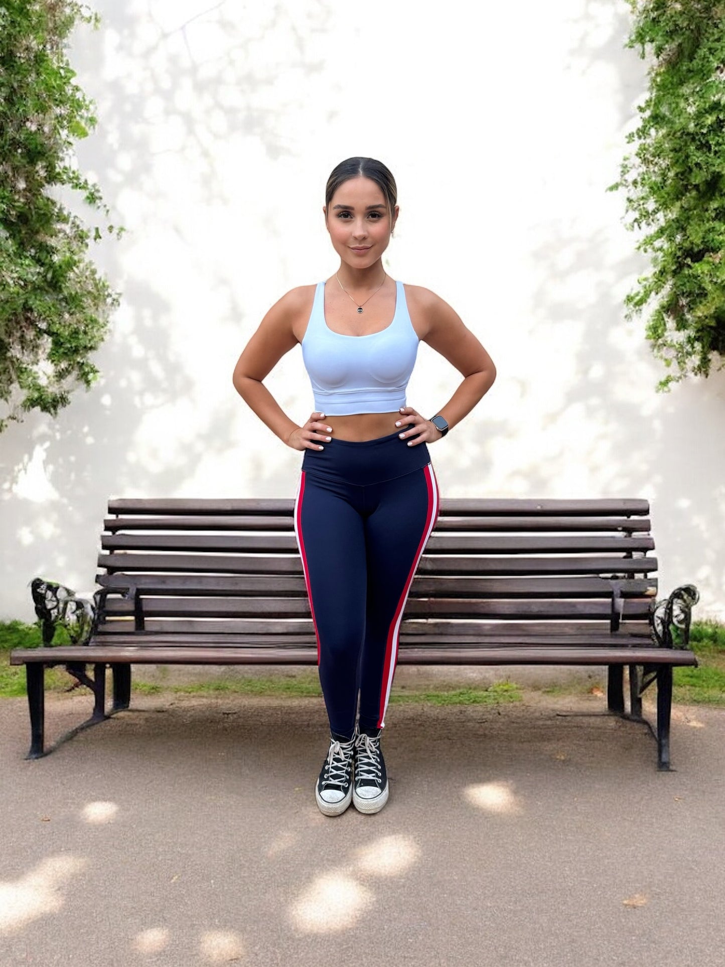 Triple Threat Striped Women's Full Length Yoga Pant Leggings (Navy/Red/White)