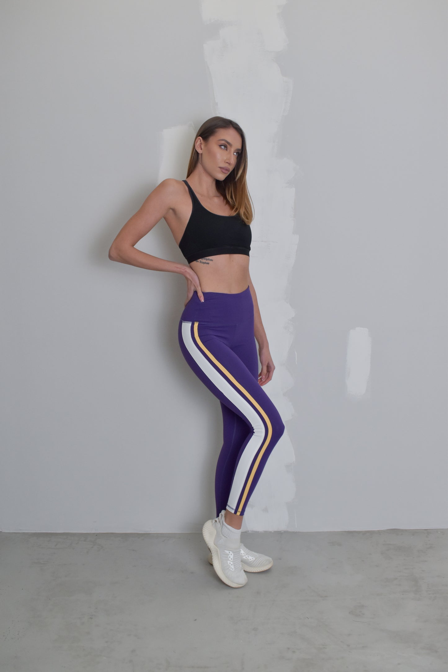 Women's Side Stripe Full Length Yoga Pant Leggings (Purple with White / Purple / Gold Stripes)