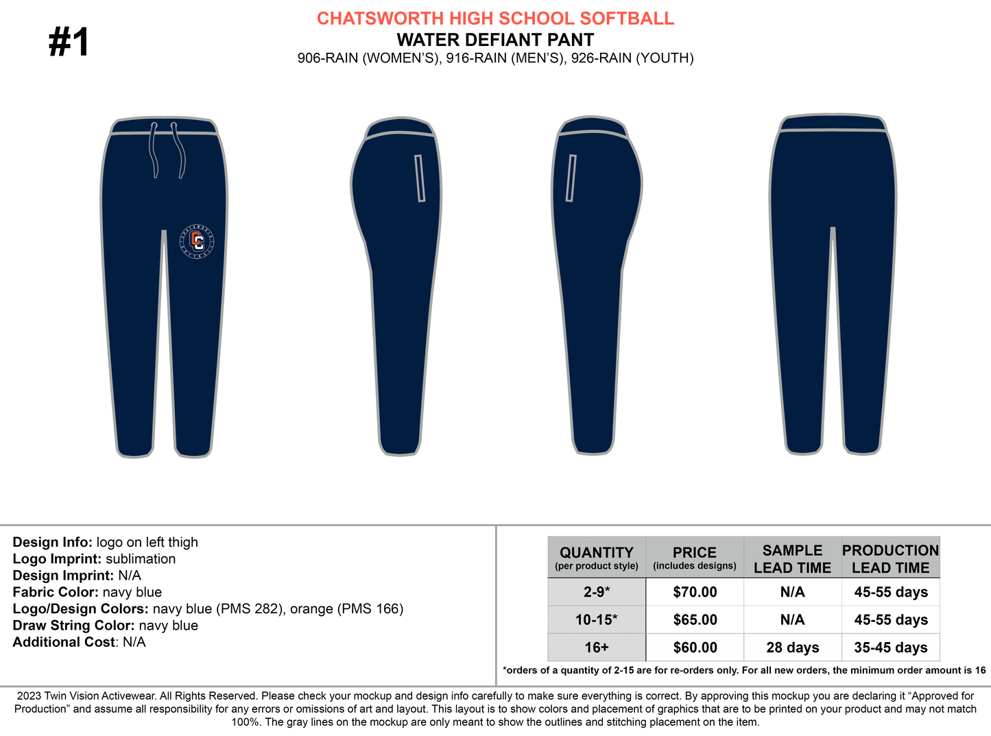 Chatsworth High School Windbreaker Pant