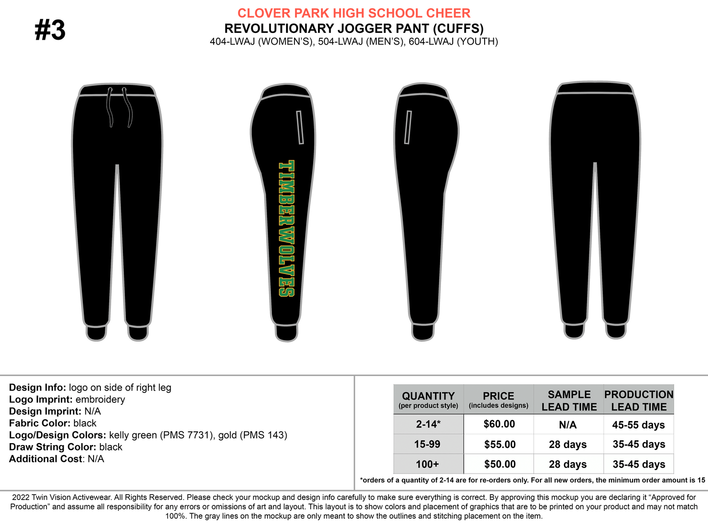Clover Park HS Cheer Jogger Pant / Rain Jacket / Revolutionary Jacket Package