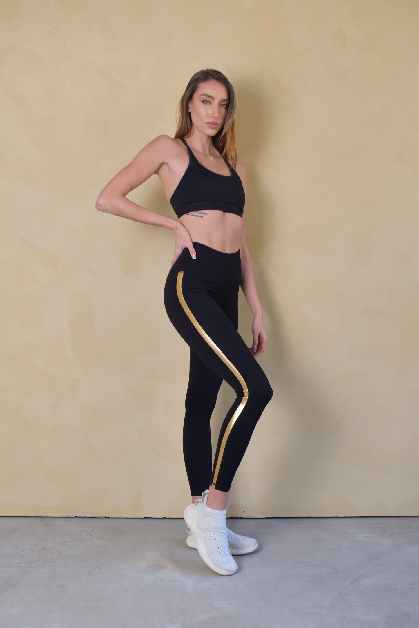 Black Full Length Yoga Pant Leggings with Metallic Gold Stripes