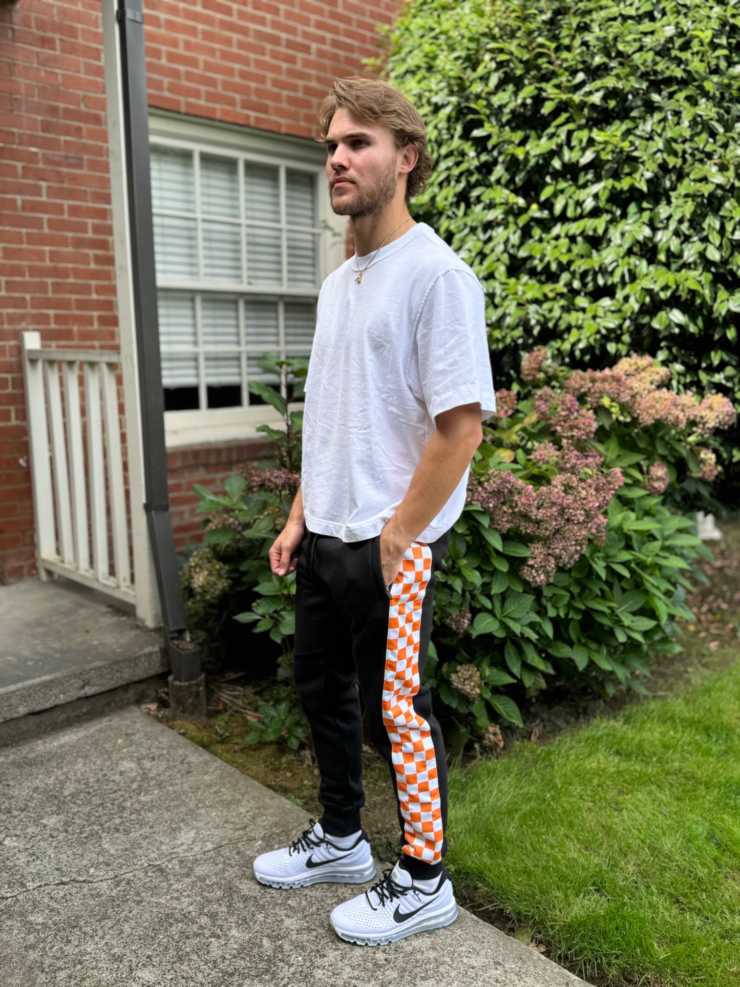 Orange and White Checkered Print Men's Fleece Jogger Pant
