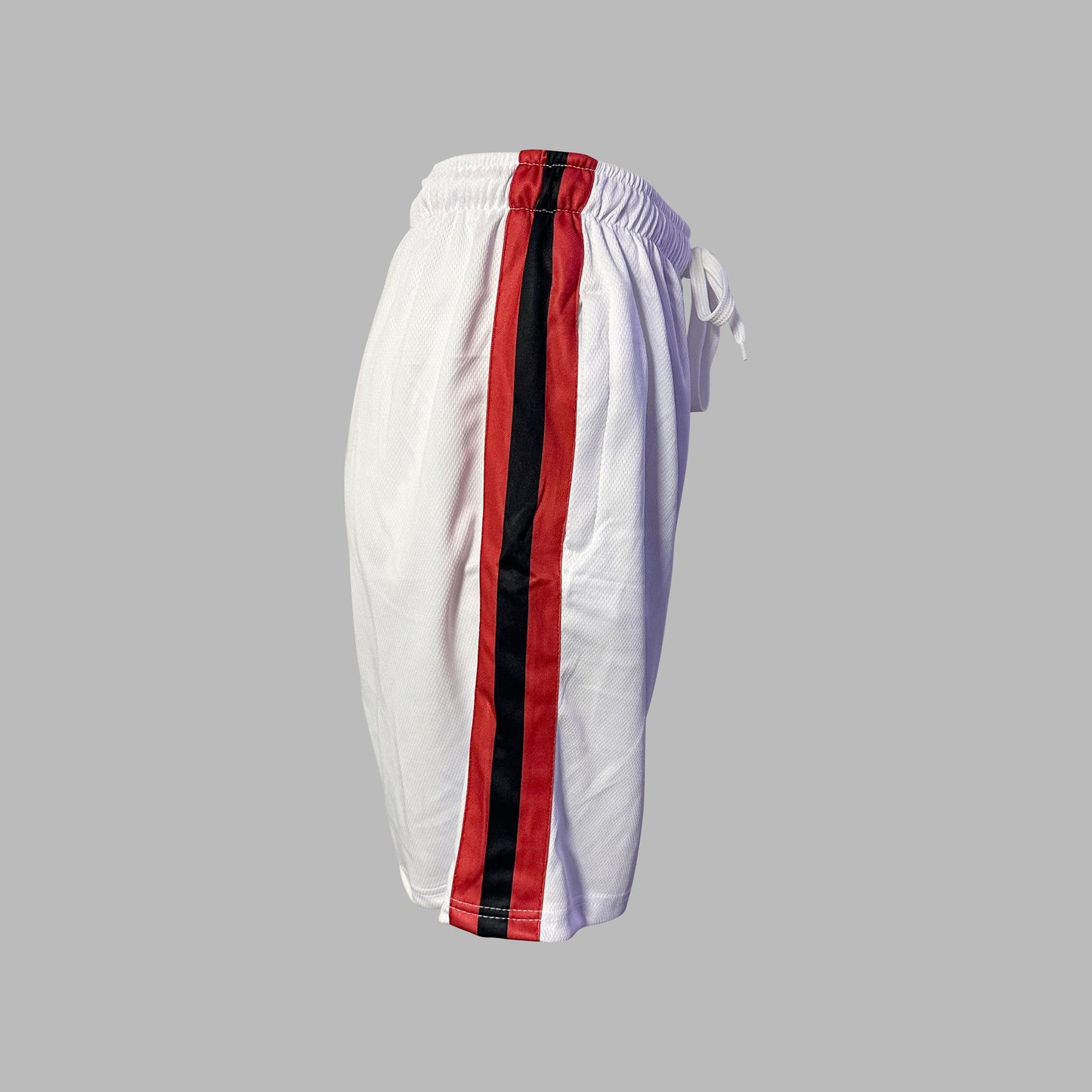 Triple Threat Men's Mesh Shorts (White with Red and Black Stripes)
