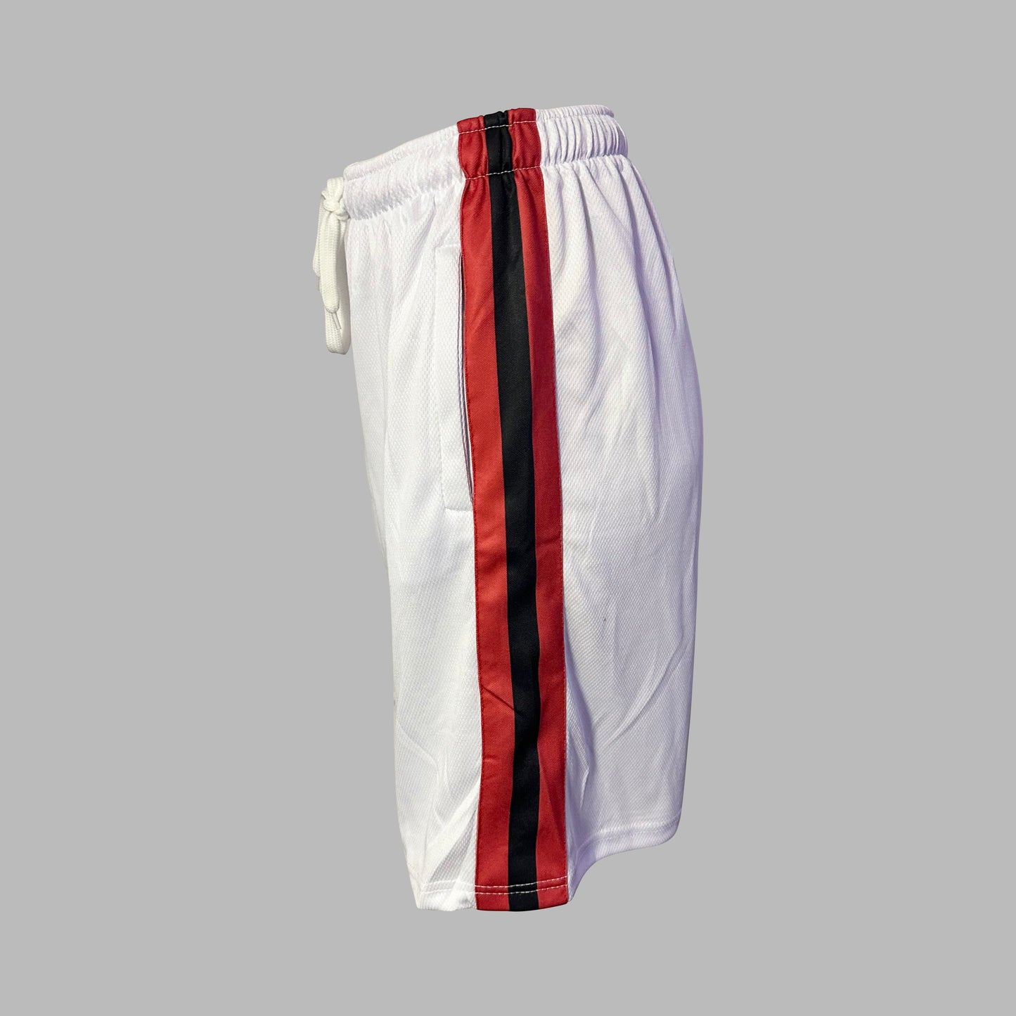 Triple Threat Men's Mesh Shorts (White with Red and Black Stripes)