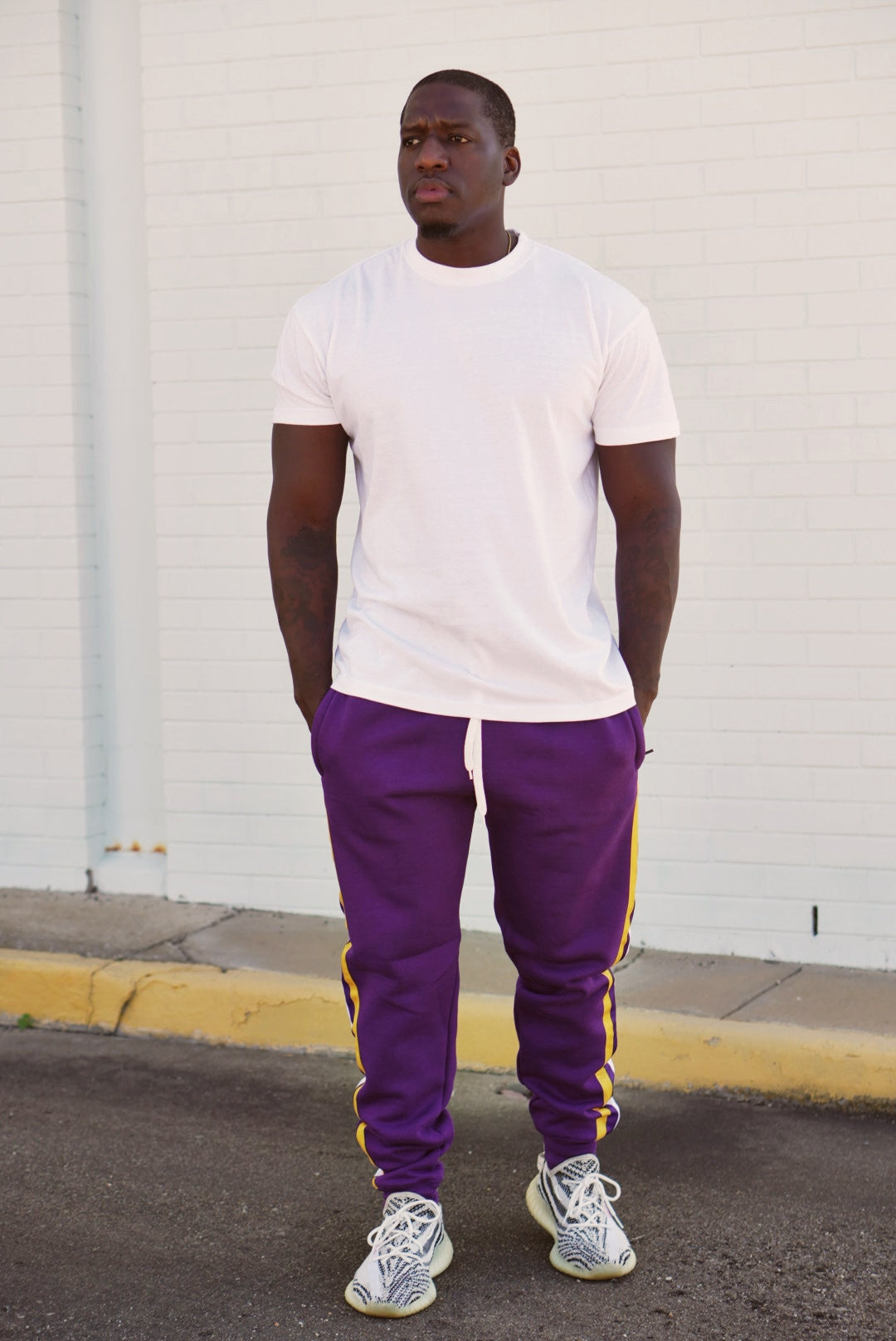 Men's Side Striped Fleece Jogger Pant (Purple with White / Purple / Gold Stripes)