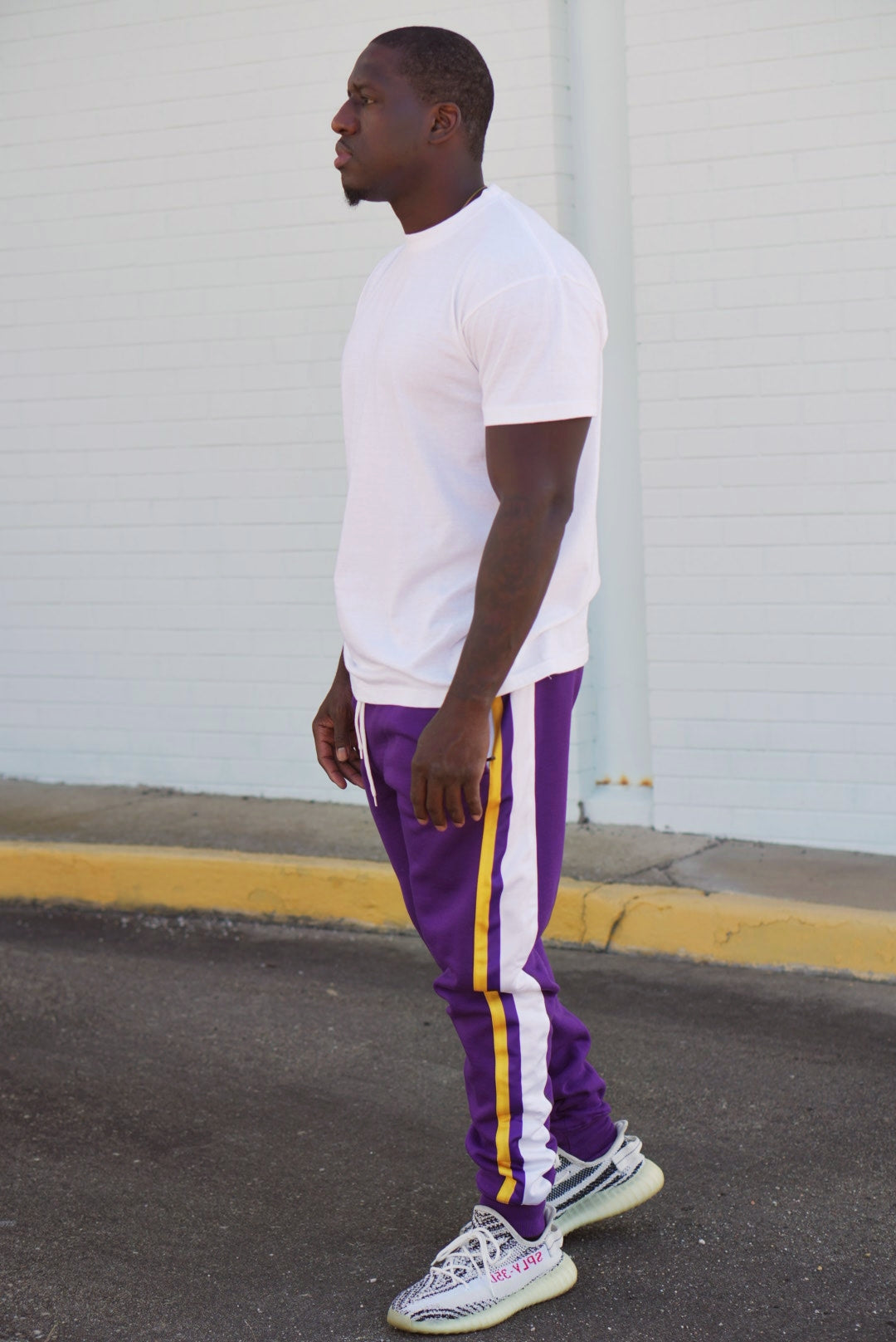 Men's Side Striped Fleece Jogger Pant (Purple with White / Purple / Gold Stripes)