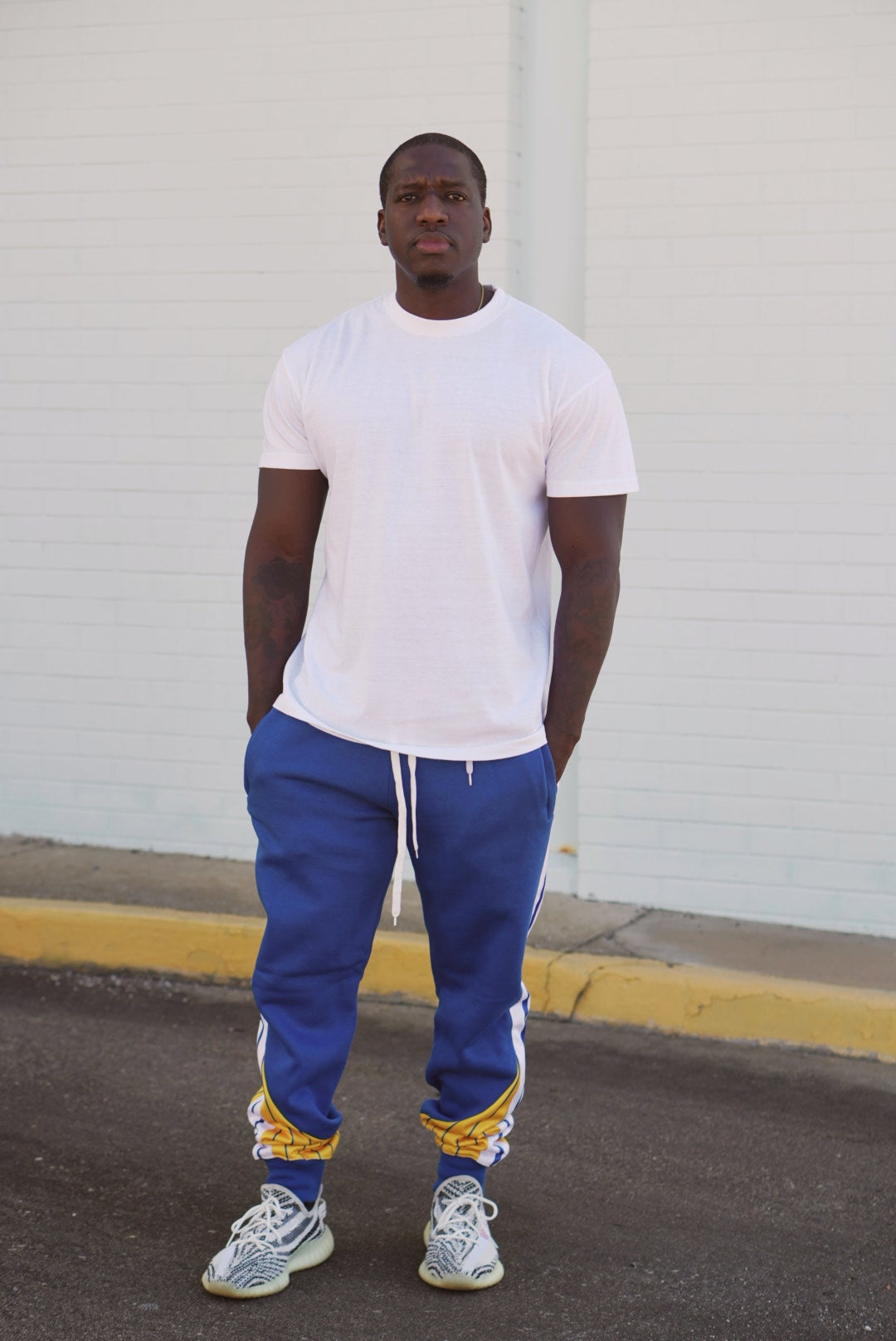 Men's Side Striped Fleece Jogger Pant (Blue with Gold / Blue / White Stripes)