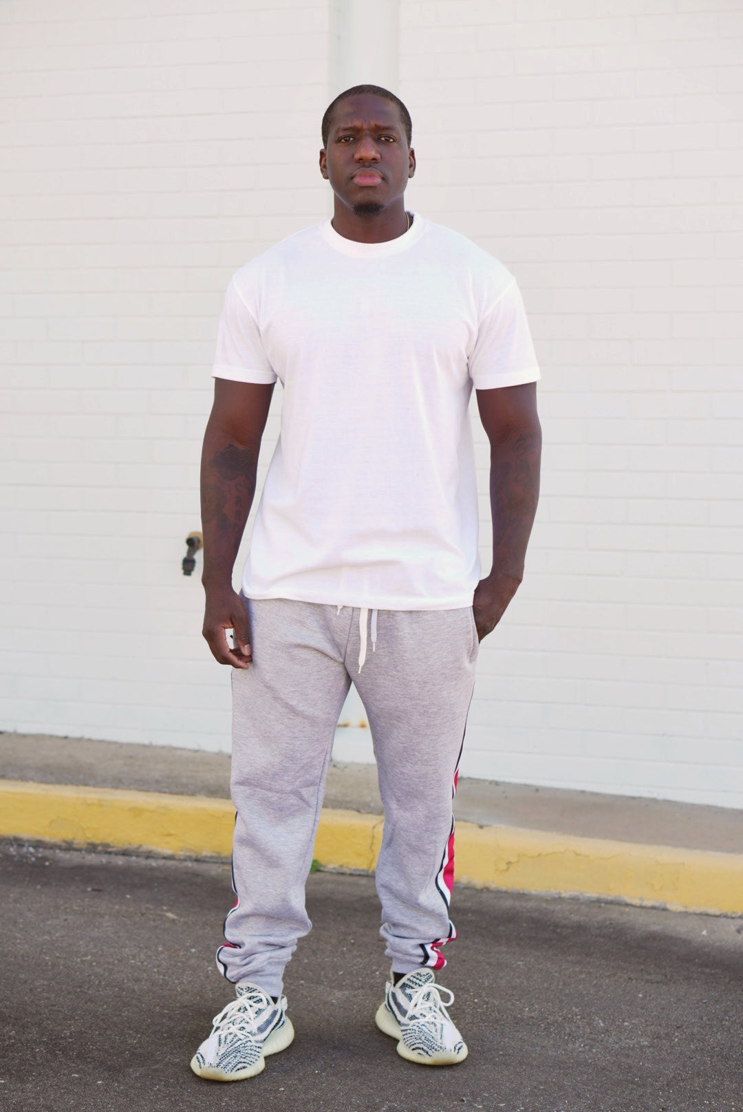 Men's Side Striped Fleece Jogger Pant (Gray with Red / White / Black Stripes)