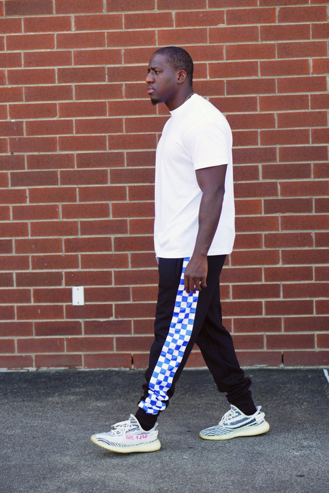 Blue and White Checkered Print Men's Fleece Jogger Pant