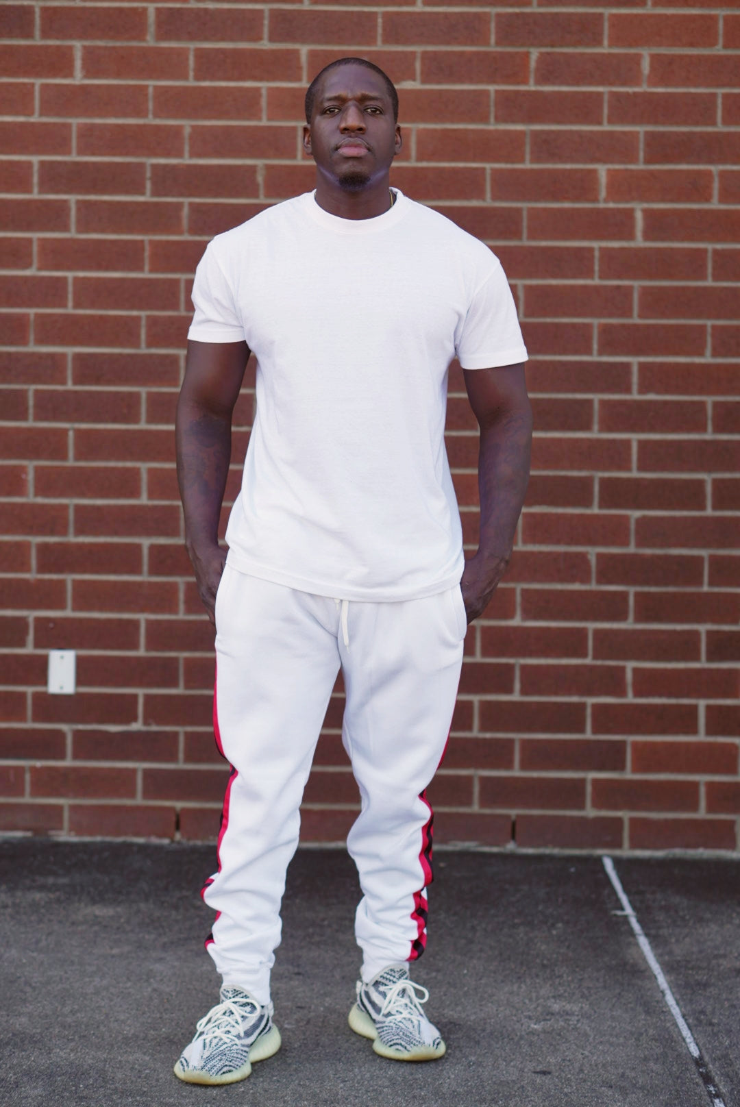 Triple Threat Men's Fleece Jogger Pant (White with Red and Black Stripes)