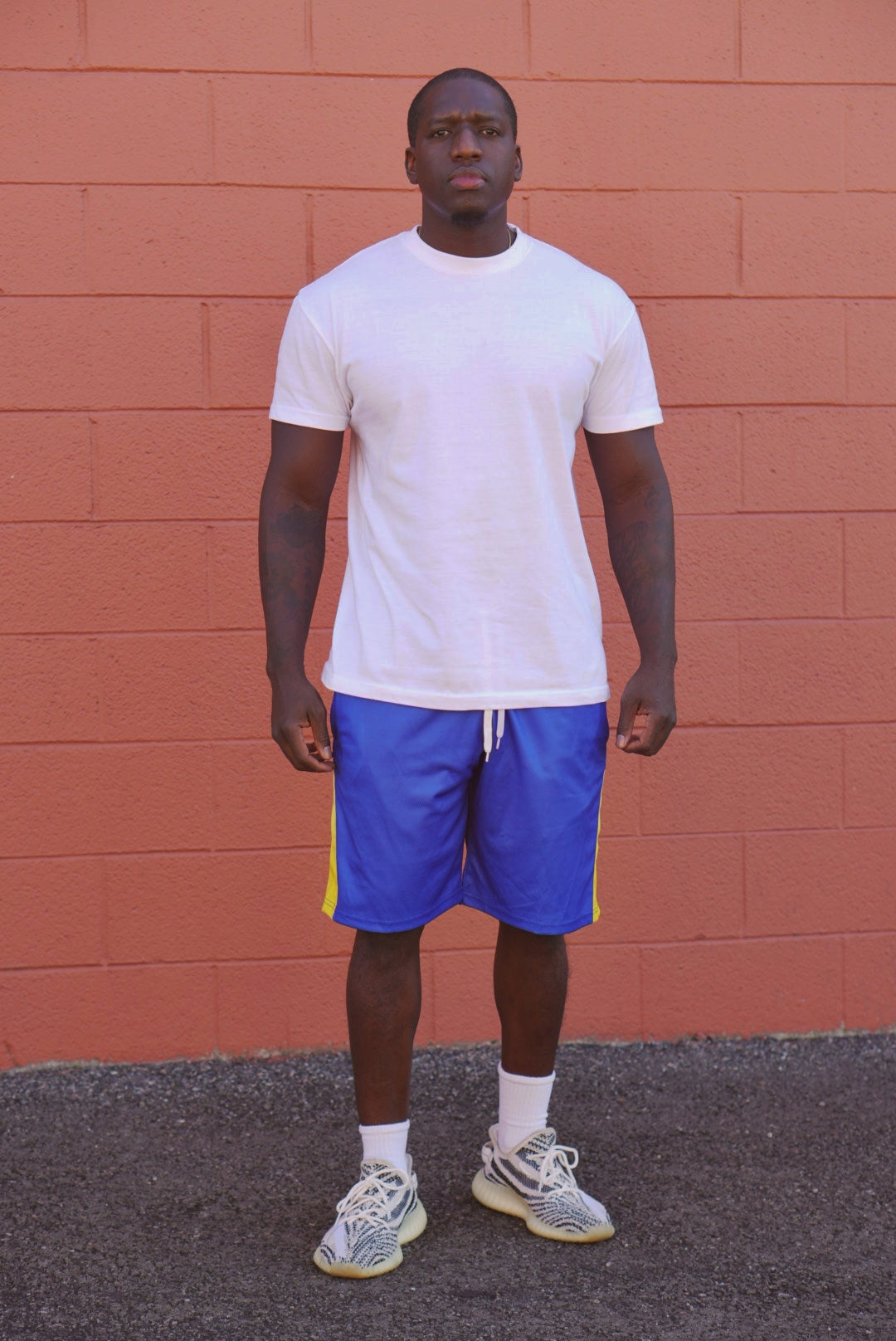 Blue Men's Mesh Shorts (with Gold/White Ombre Fade Side Stripes)