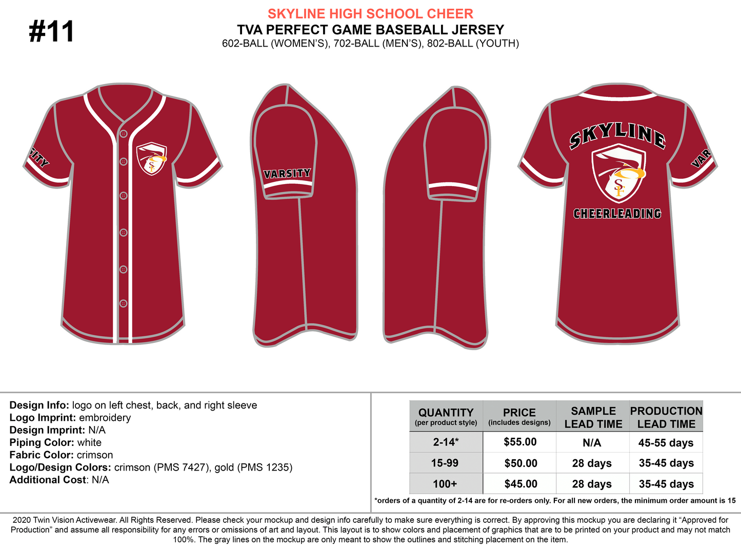 Skyline Falcons Cheer Baseball Jersey