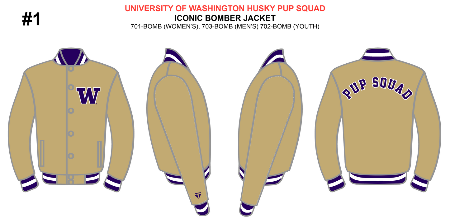 Washington Husky Pup Squad Gold Button Up Bomber Jacket (PUP SQUAD on back)