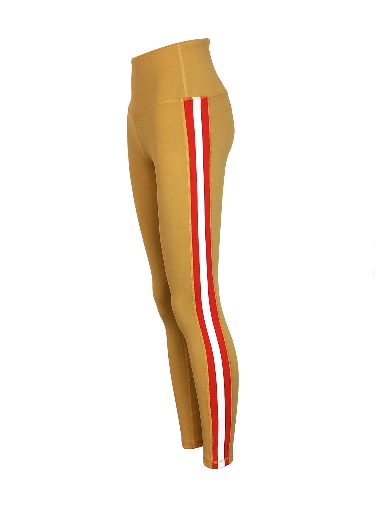 Triple Threat Striped Women's Full Length Yoga Pant Leggings (Gold with red and White Stripes)