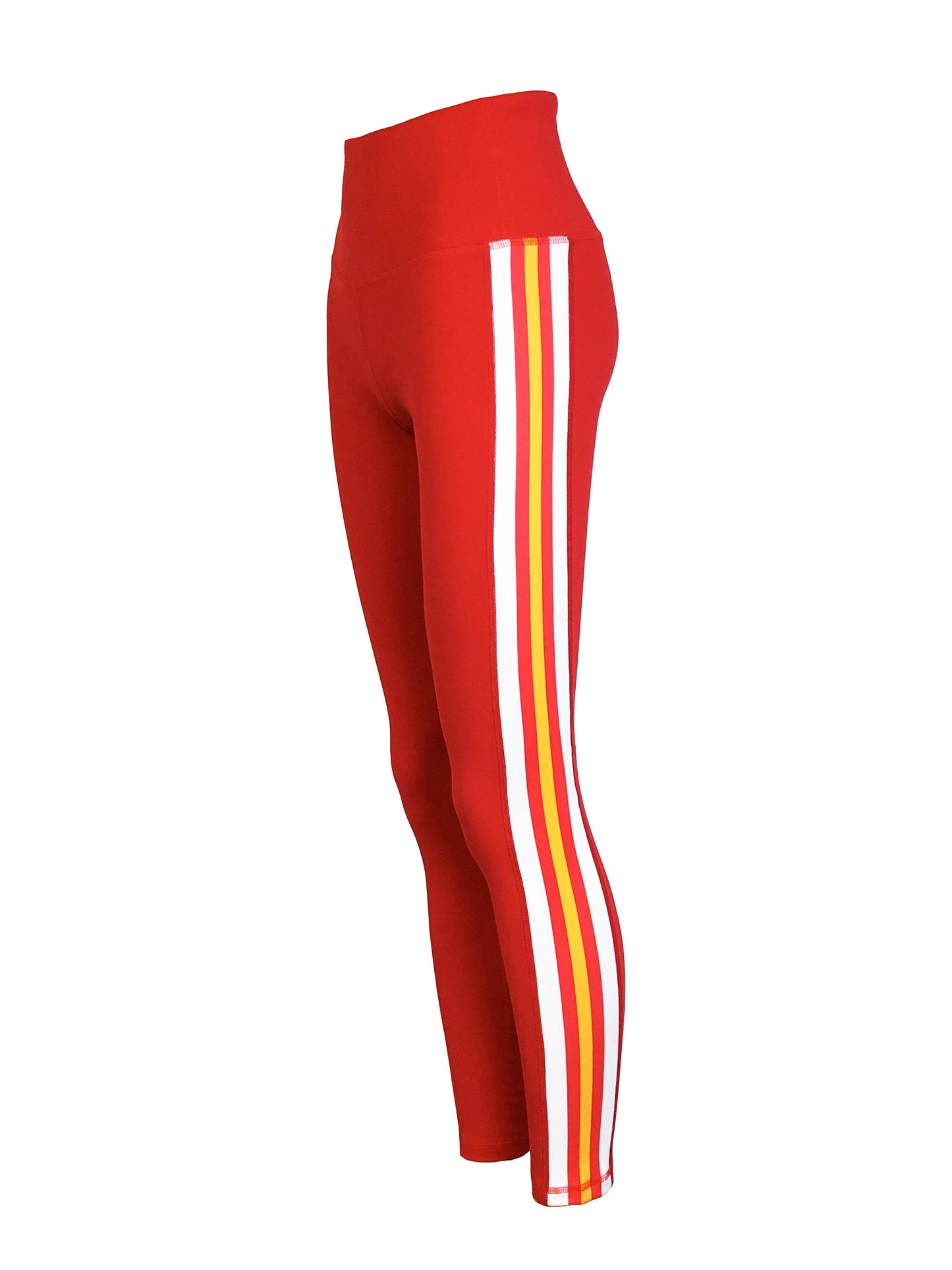 Women's Side Stripe Full Length Yoga Pant Leggings (Red with Gold / Red / White Stripes)