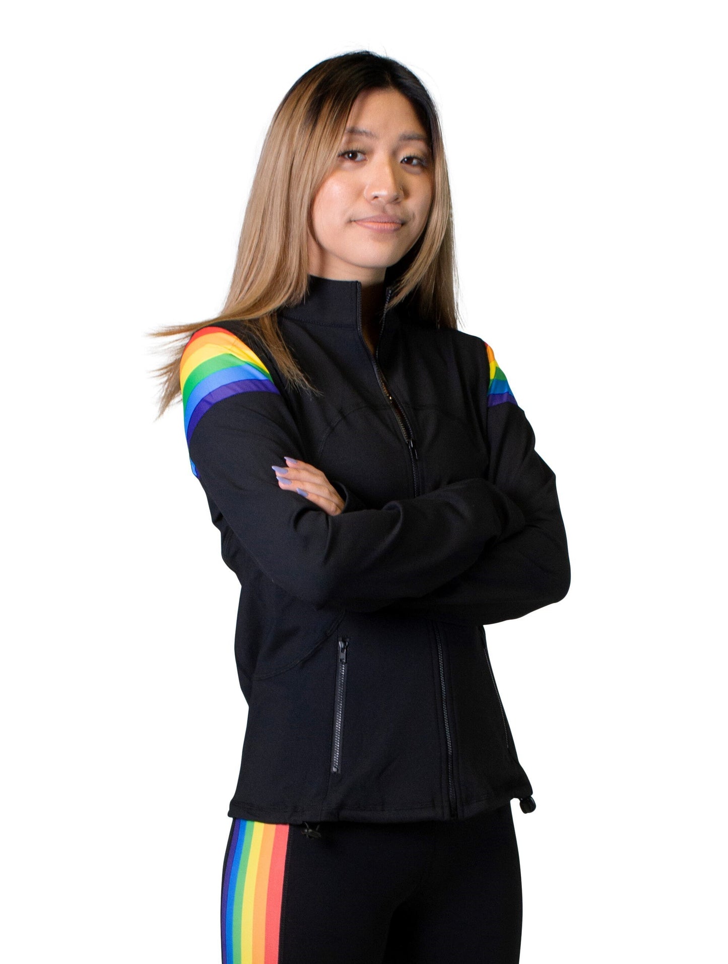 Rainbow Striped Women's Full Zip-Up Yoga Track Jacket