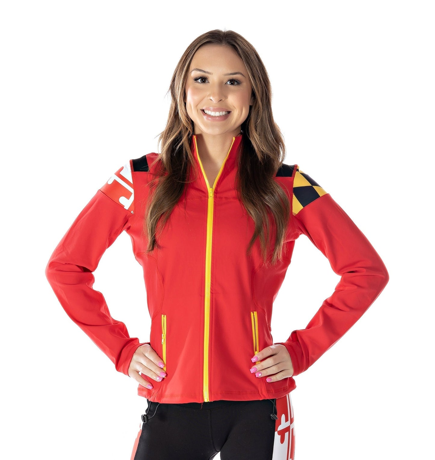 Maryland Flag Women's Full Zip-Up Yoga Track Jacket (Red)