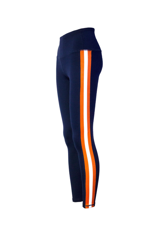 Triple Threat Striped Women's Full Length Yoga Pant Leggings (Navy/Orange/White)