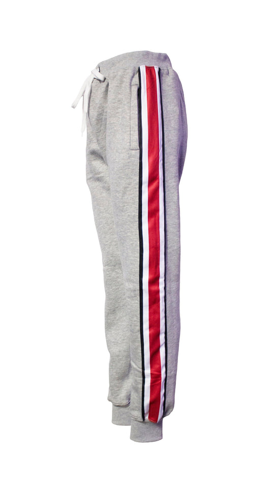 Men's Side Striped Fleece Jogger Pant (Gray with Red / White / Black Stripes)