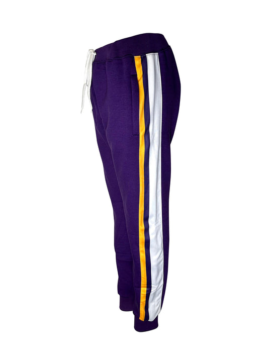 Men's Side Striped Fleece Jogger Pant (Purple with White / Purple / Gold Stripes)
