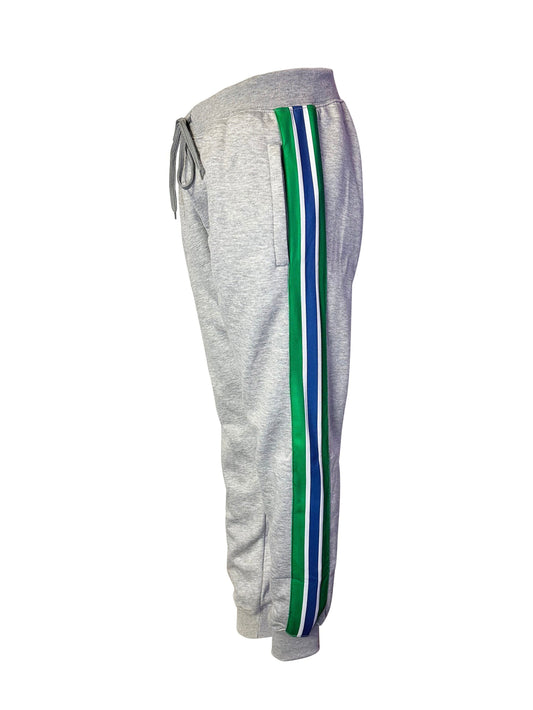Men's Side Striped Fleece Jogger Pant (Gray with Green / Blue / White Stripes)