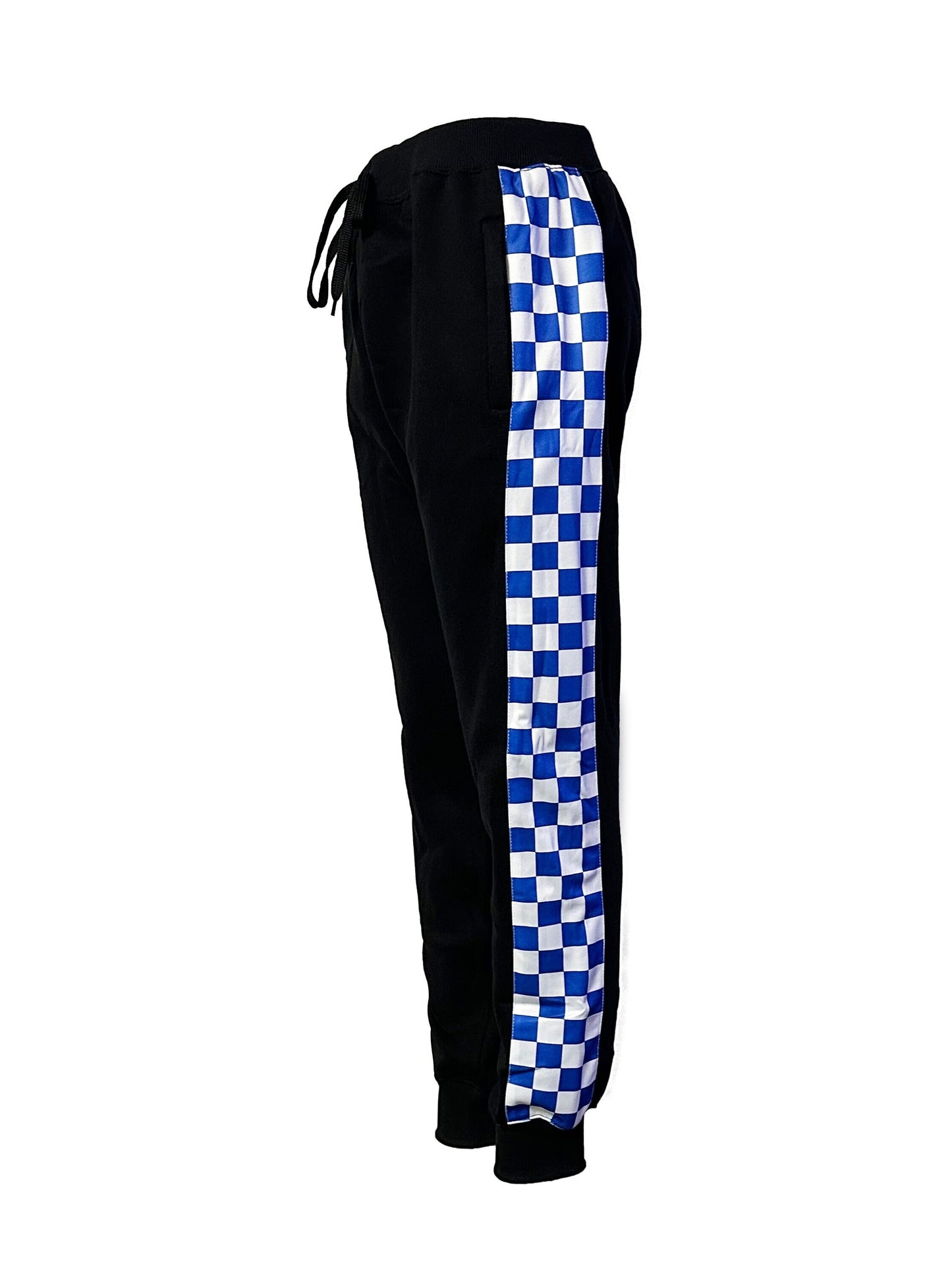 Blue and White Checkered Print Men's Fleece Jogger Pant