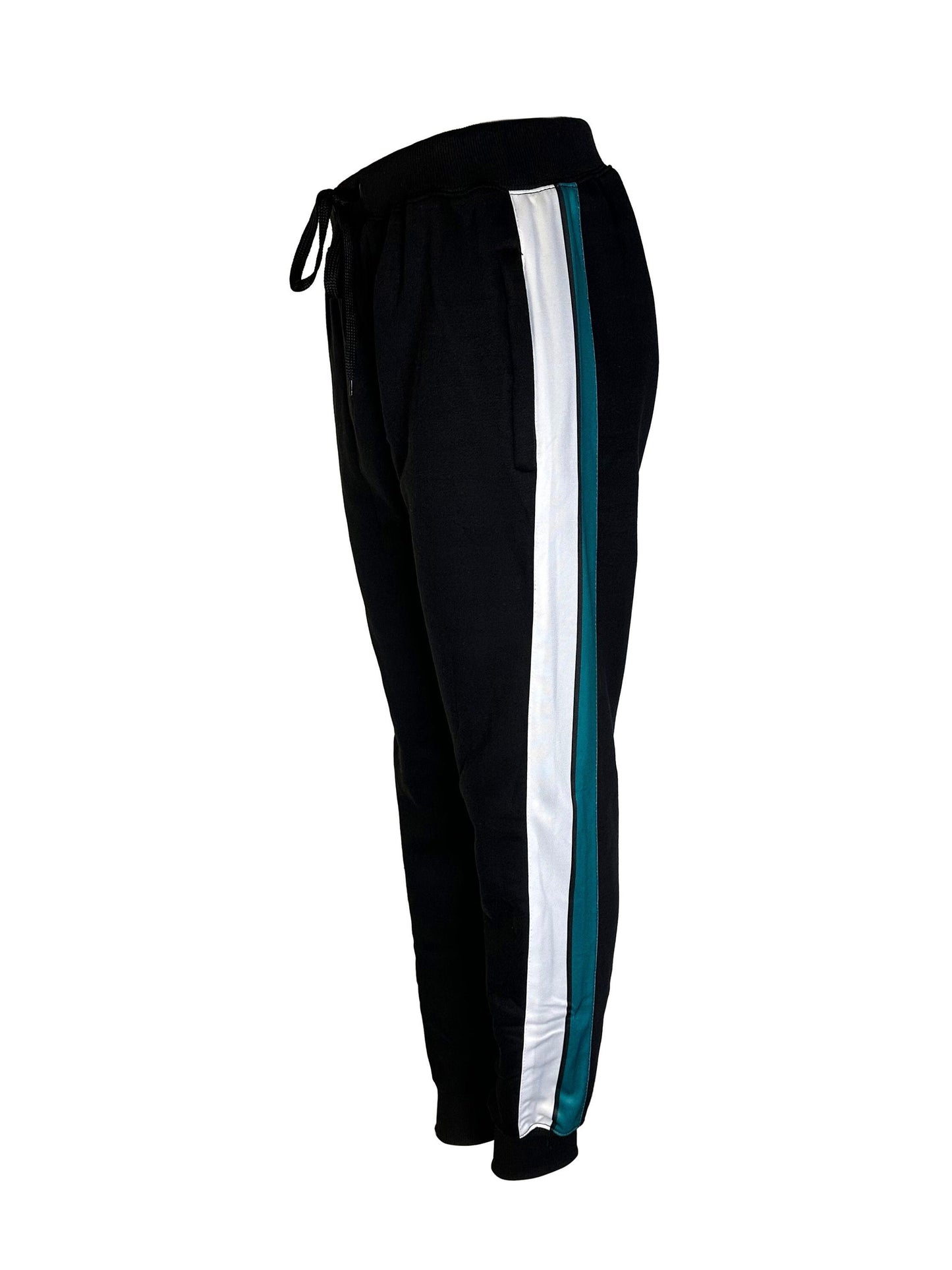 Men's Side Striped Fleece Jogger Pant (Black with Green / White / Black Stripes)