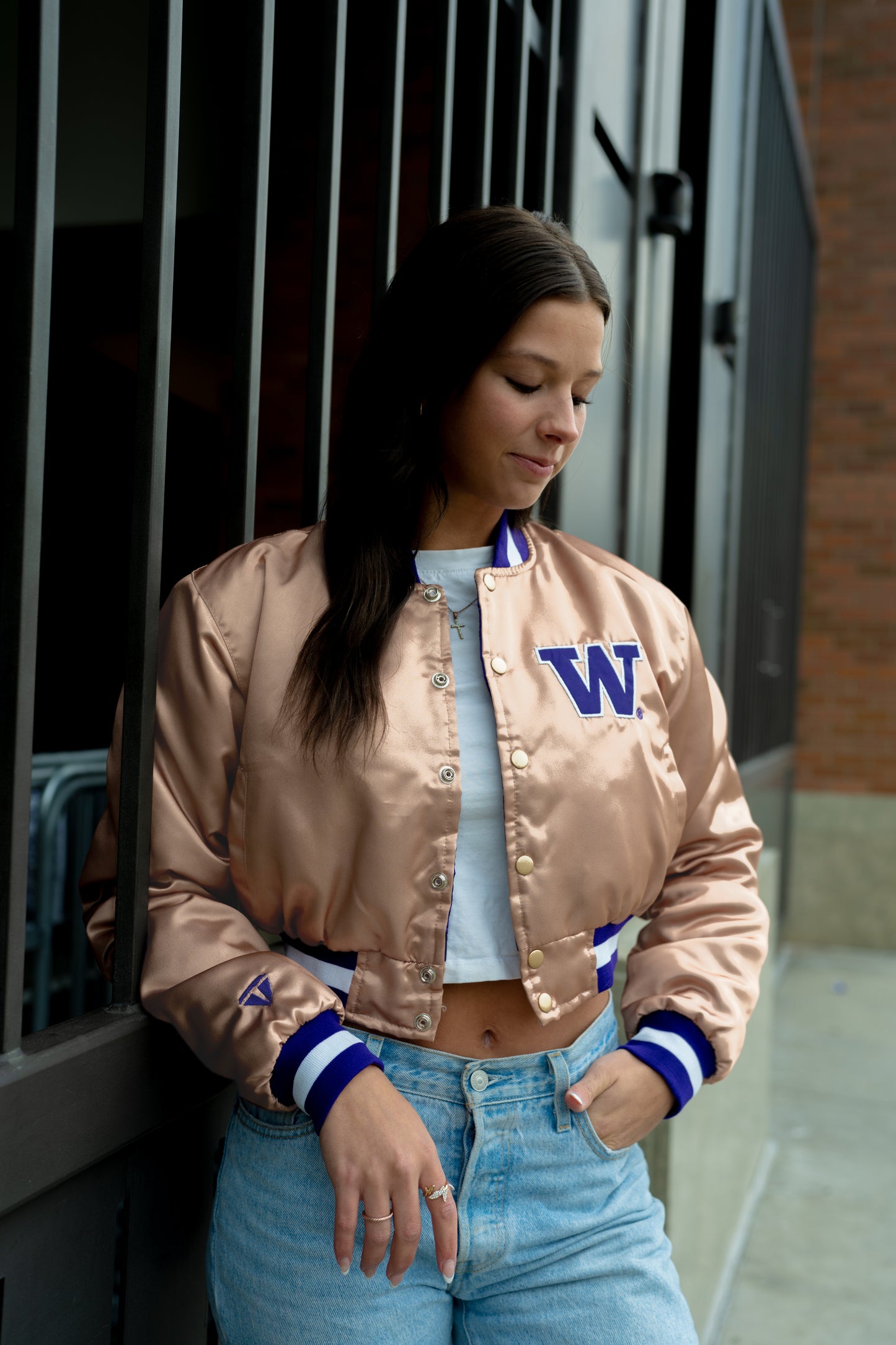 Washington Huskies Women's Crop Top Button Up Bomber Jacket GOLD