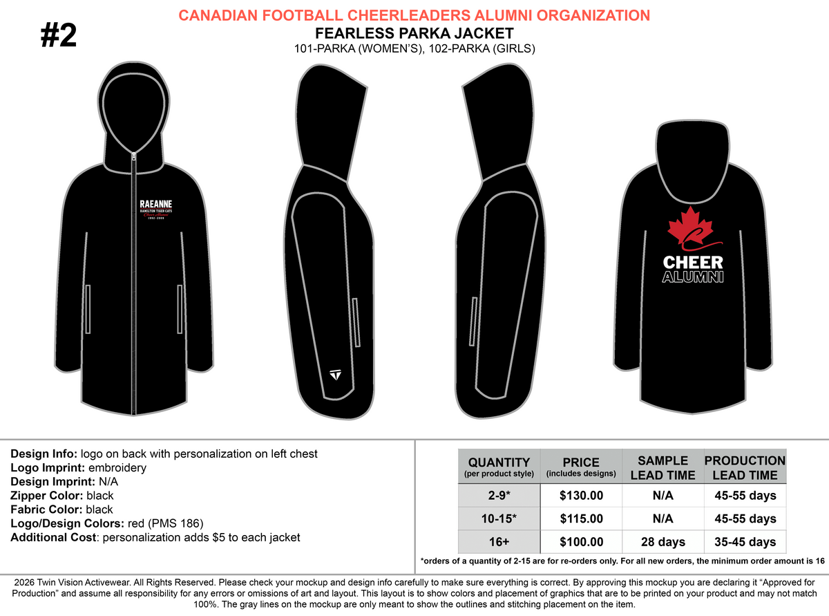Canadian Football Cheer Alumni Parka Jacket