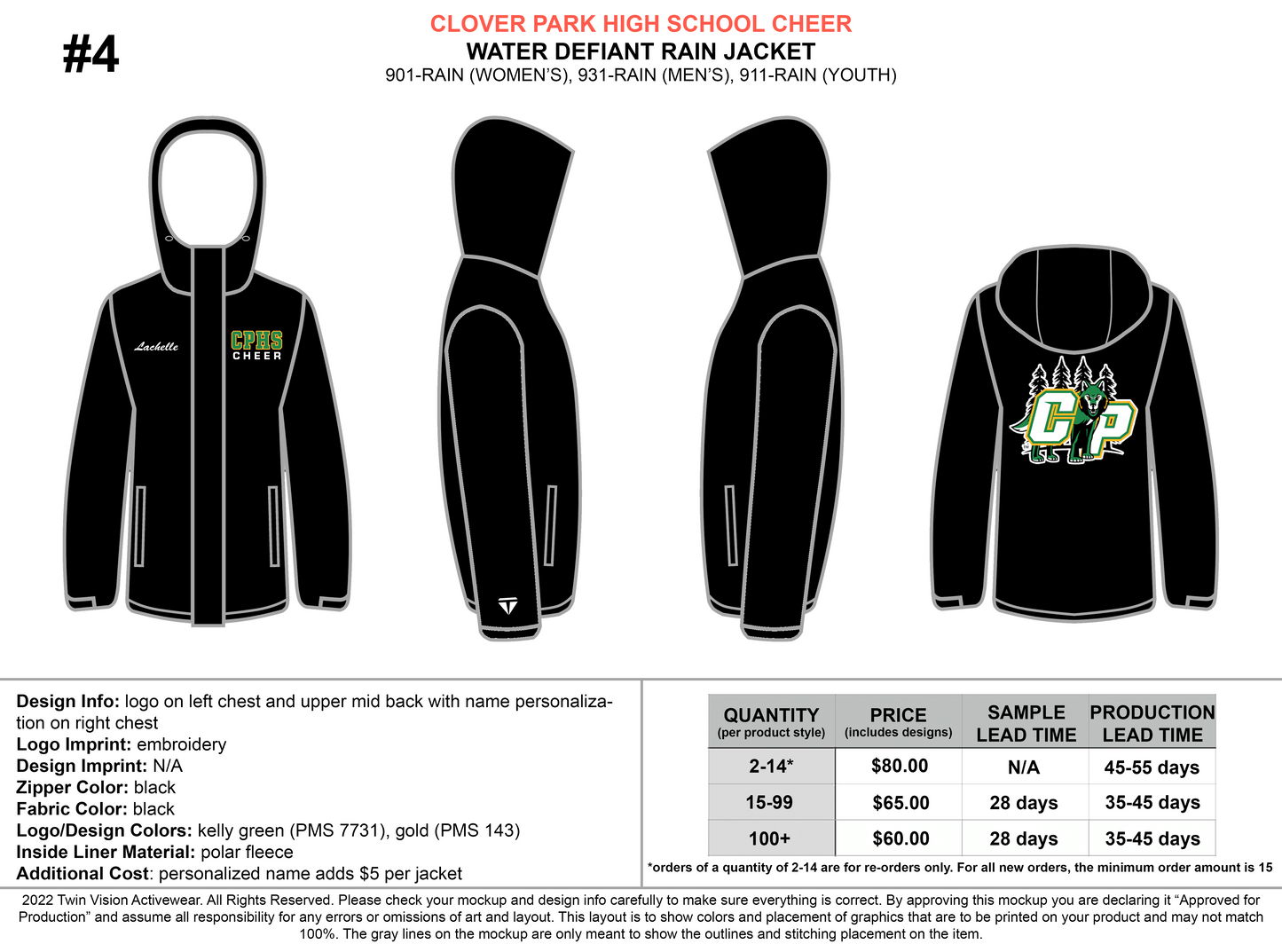 Clover Park HS Cheer Jogger Pant / Rain Jacket / Revolutionary Jacket Package