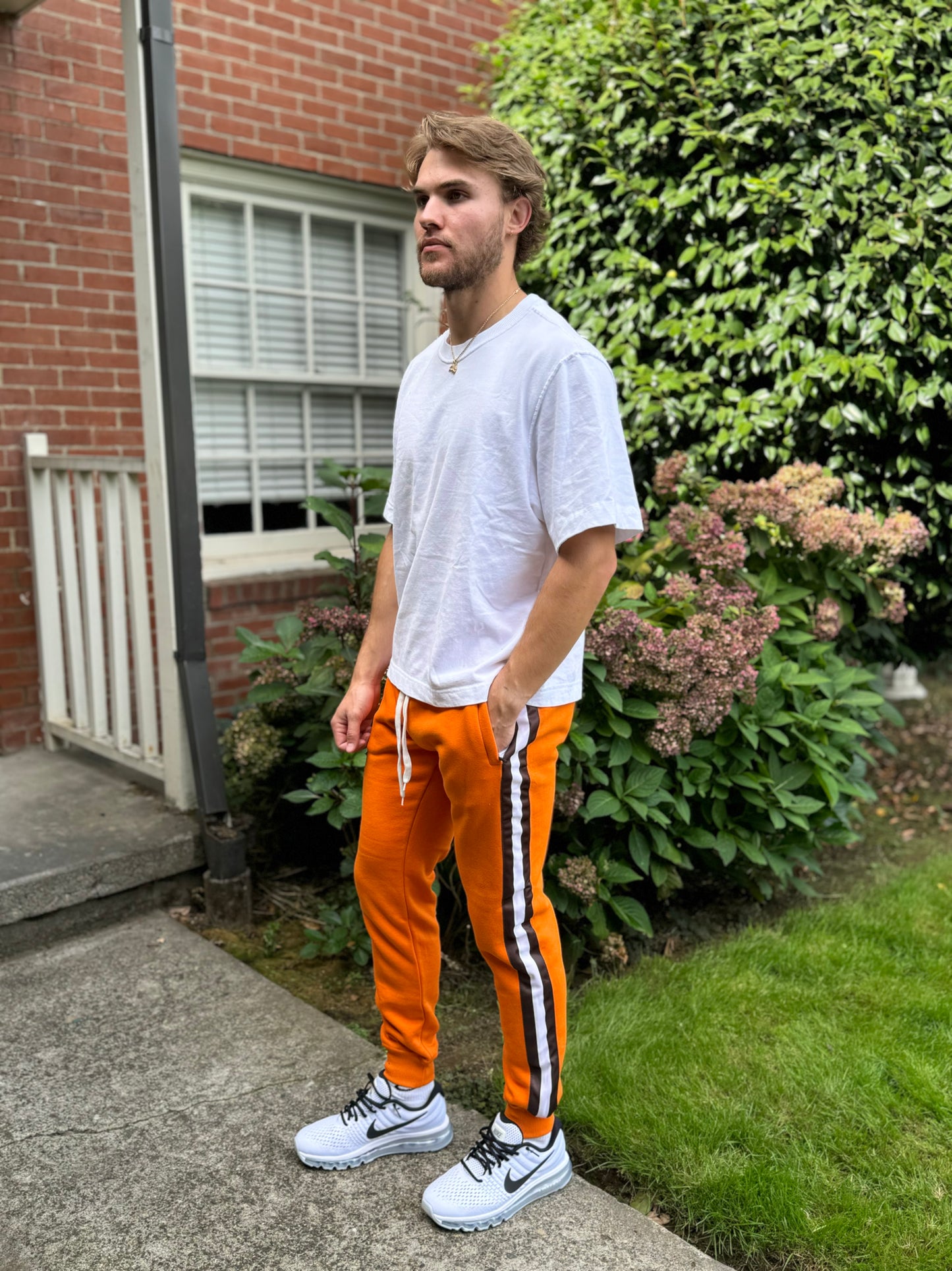 Triple Threat Men's Fleece Jogger Pant (Orange with Brown and White Stripes)