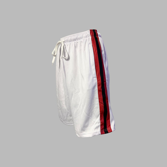 Triple Threat Men's Mesh Shorts (White with Red and Black Stripes)