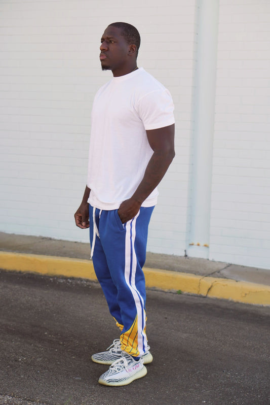 Men's Side Striped Fleece Jogger Pant (Blue with Gold / Blue / White Stripes)