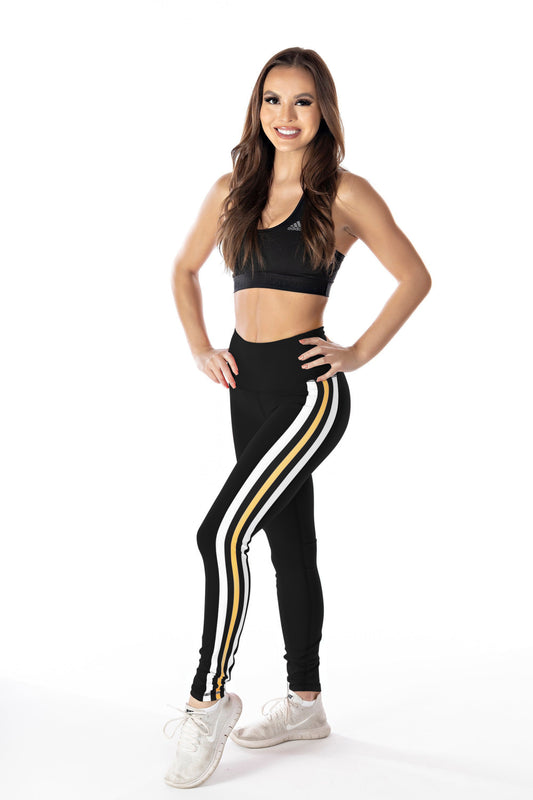 Women's Side Stripe Full Length Yoga Pant Leggings (Black with White / Black / Gold Stripes)