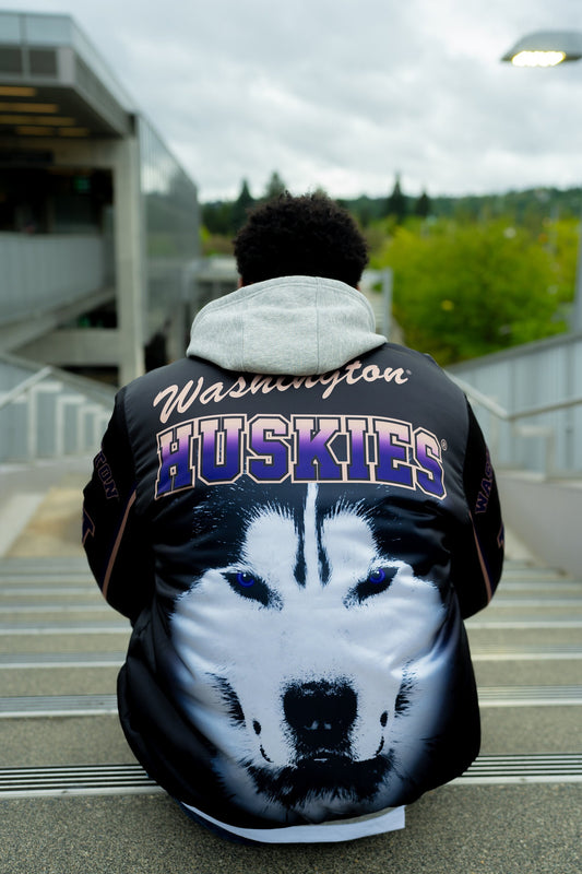 Washington Huskies Button Up Bomber Jacket BLACK with HUSKY DOG head on back