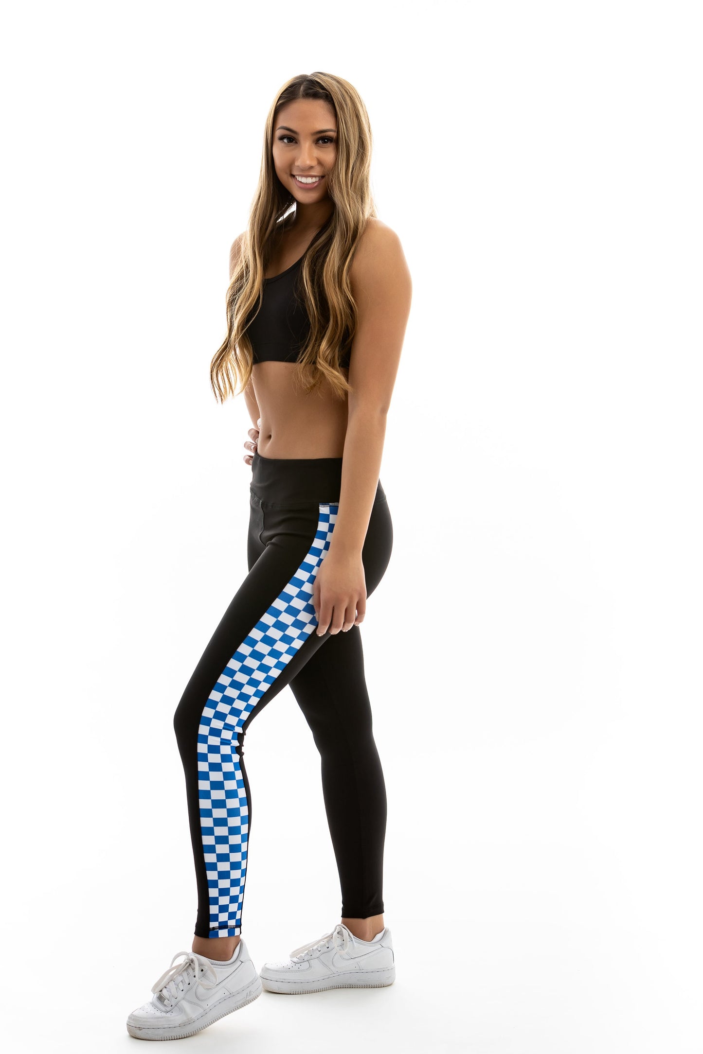 Blue and White Checkered Print Full Length Yoga Pant Leggings