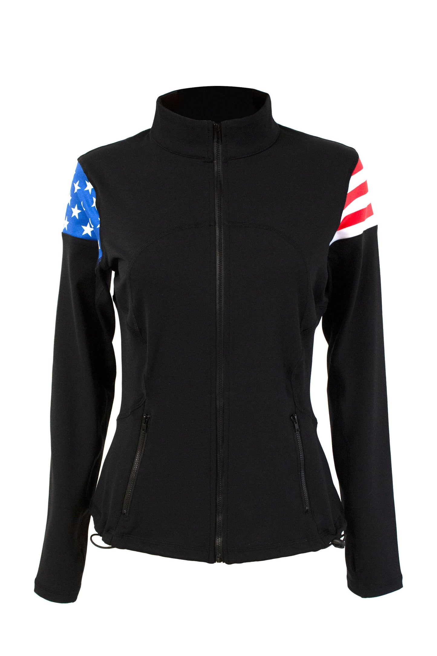 USA Flag Women's Full Zip-Up Yoga Track Jacket (Black)