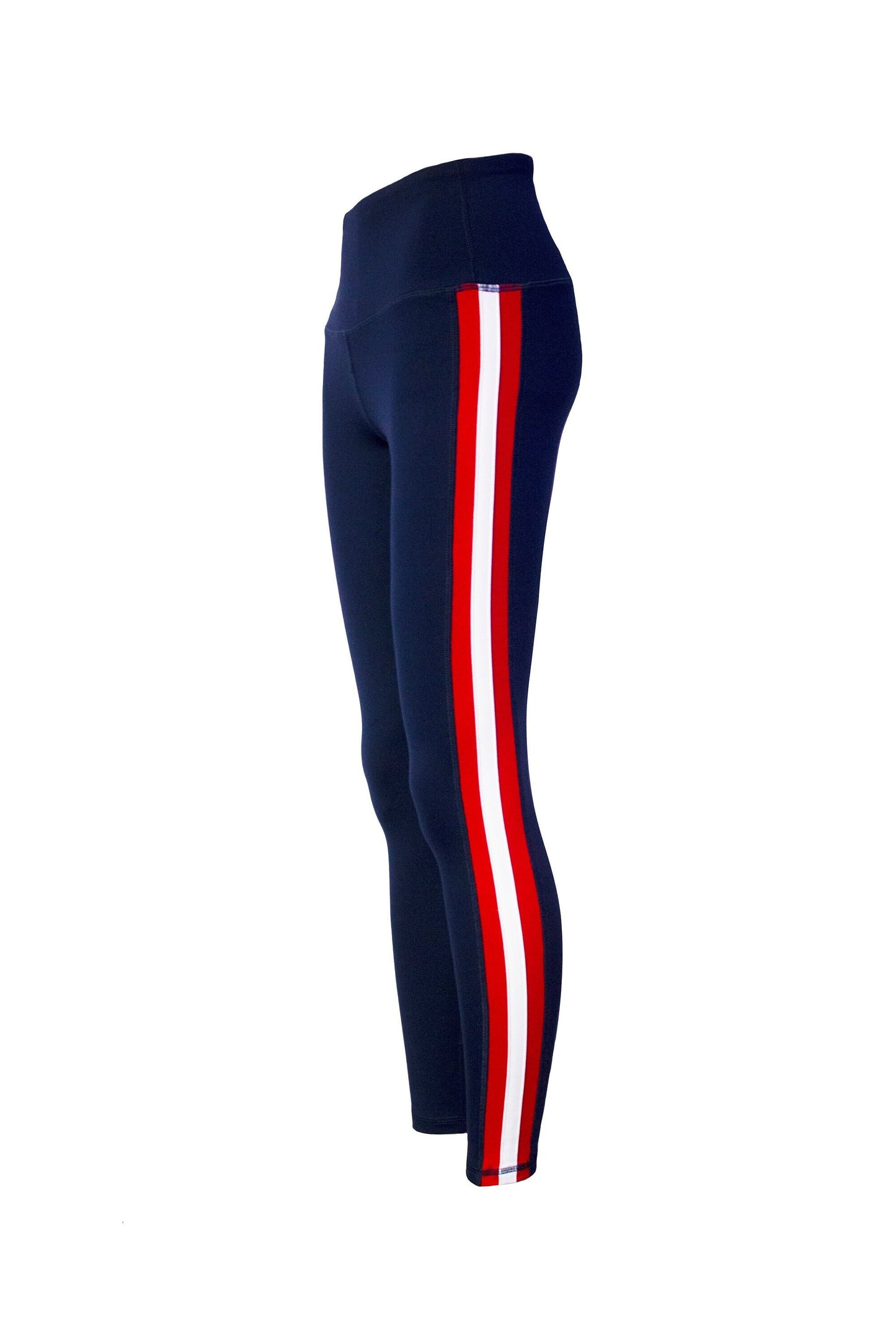 Triple Threat Striped Women's Full Length Yoga Pant Leggings (Navy/Red/White)