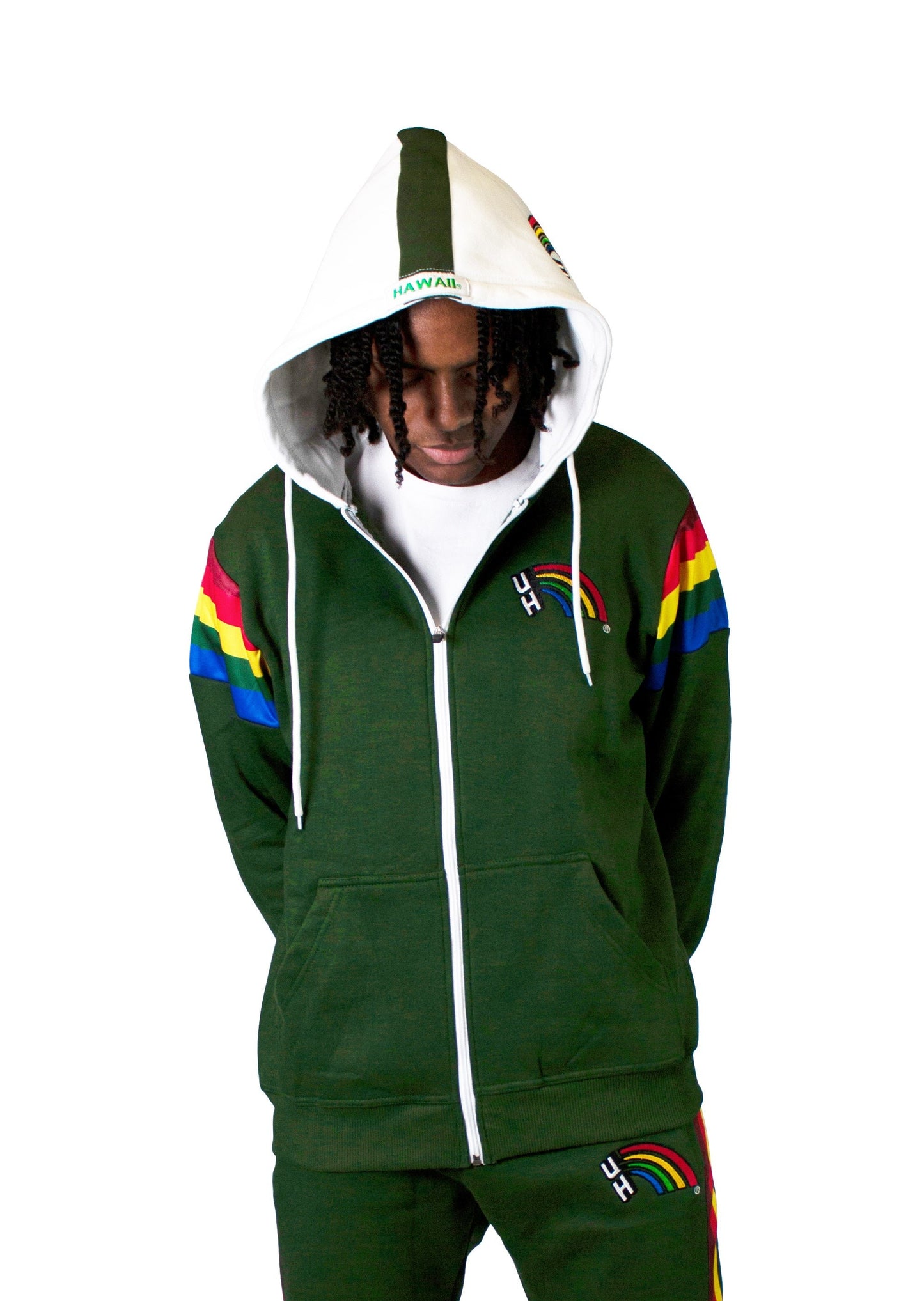 Hawaii Rainbow Warriors Fleece Full Zip-Up Jacket Sweatshirt Hoodie Vintage (Green)