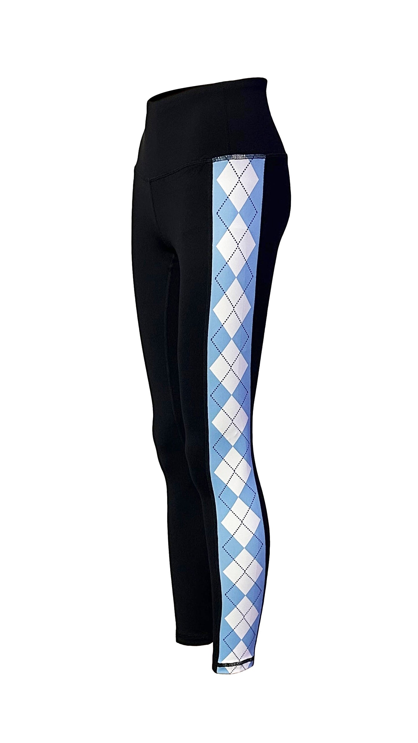 Blue and White Argyle Side Stripe Pattern Yoga Pant Leggings